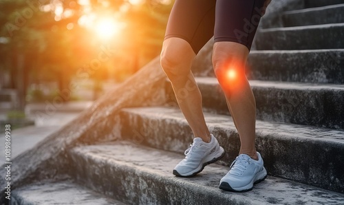 Person climbing stairs with difficulty, knee osteoarthritis causing strain and discomfort, Osteoarthritis knee, mobility limitation concept photo