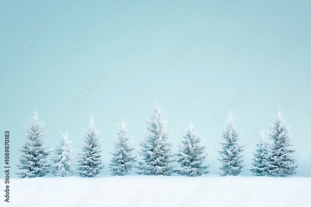 Fototapeta premium Minimalist snow-covered pine trees on a pastel blue background