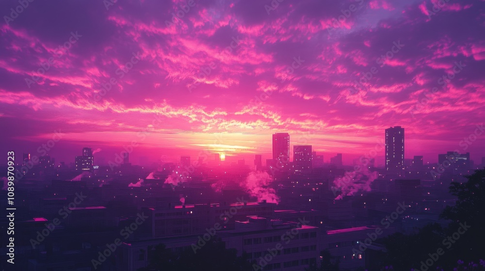 Fototapeta premium Pink Sunset Cityscape Over Illuminated Buildings