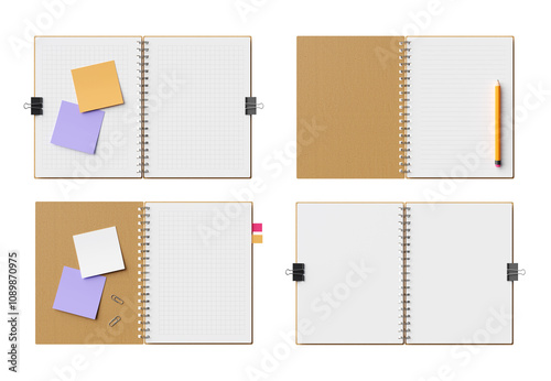 Sticky notes, paper reminder on spiral open notebook, tape, memo notes, organizer collection