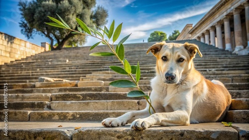 Odysseus’ faithful dog Argos resting on the palace steps photo