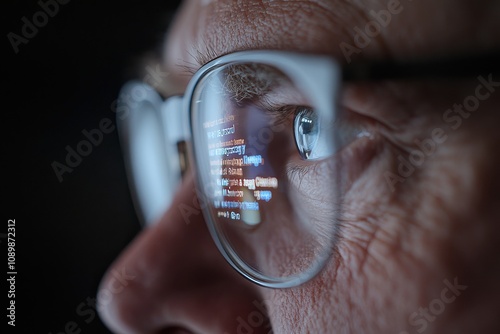 Older individual with glasses deeply focused on a computer screen as programming code reflects off the glasses, representing dedication and expertise in tech.