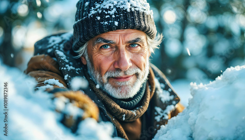 Obraz na płótnie Portrait of elderly handsome man cleaning car from snow, old people, active seniors, seasonal background, Christmas time w salonie