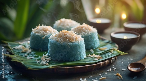 Singapore pulut inti, glutinous rice with coconut topping sweets photo