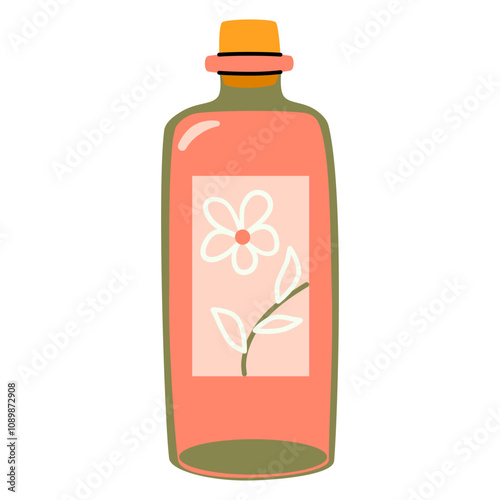 Decorative glass bottle with floral design. Cosmetic container.