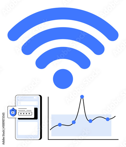 wireless symbol phone with secure login, and fluctuating graph represent connectivity, security, performance, analytics, technology, data protection, and trends. Ideal for digital technology