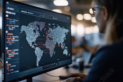 A woman is seen from behind looking at a large monitor showcasing global data connections, indicating interest in data trends and technological insights.