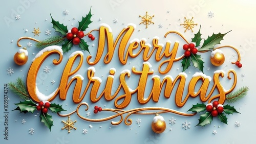 3D Rendered Merry Christmas Greeting with Gold Script and Snowflakes