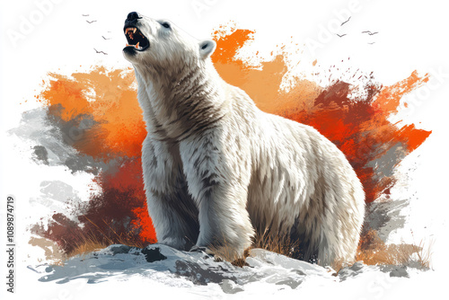 a polar bear standing on a snowy surface with its mouth open, as if growling or warning.  