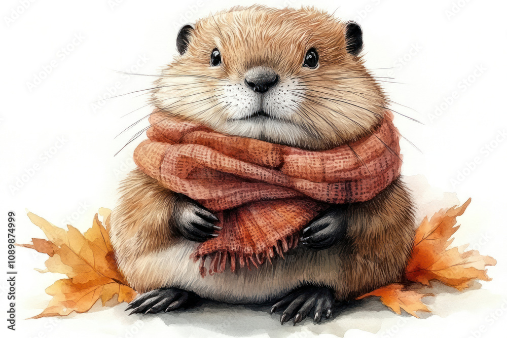 A funny beaver, done in a watercolor cartoon style. The beaver is wearing a cozy orange scarf and sitting on autumn leaves.