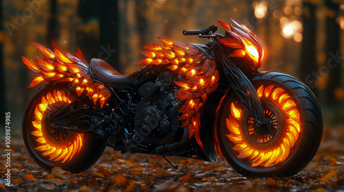 Custom motorcycle showcases intricate fiery details with glowing accents, surrounded by colorful autumn leaves in a serene forest environment photo