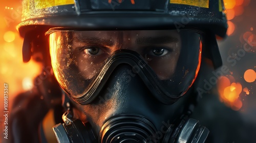 A firefighter wearing a gas mask and goggles. Risk Mitigation. Ultra realistic. Photorealistic hypermaximalist advertising photography hyper realistic fine detail photo