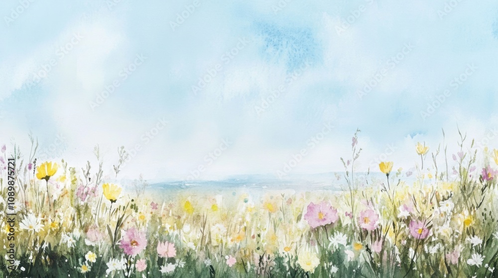 Fototapeta premium Floral landscape with colorful wildflowers under a blue sky