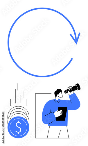 Businessman looking through telescope while holding tablet, observing financial growth icons with dollar signs and blue circular arrow. Ideal for business strategy, financial planning, investment