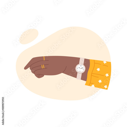 Womans hand with gold rings on fingers and expensive wristwatch vector illustration