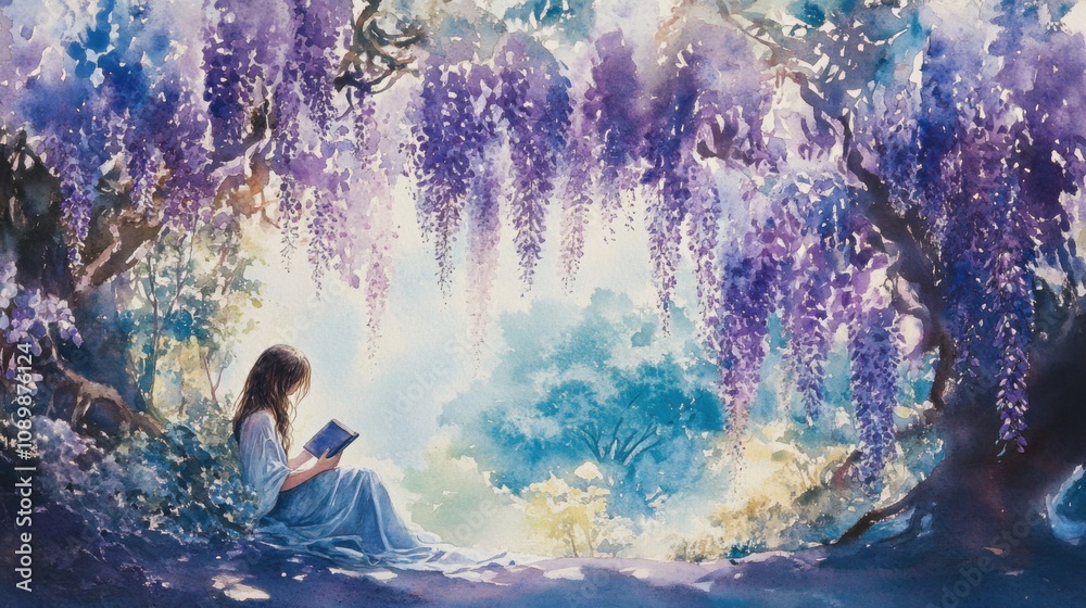 Fototapeta premium Girl reading a book under flowering purple wisteria trees
