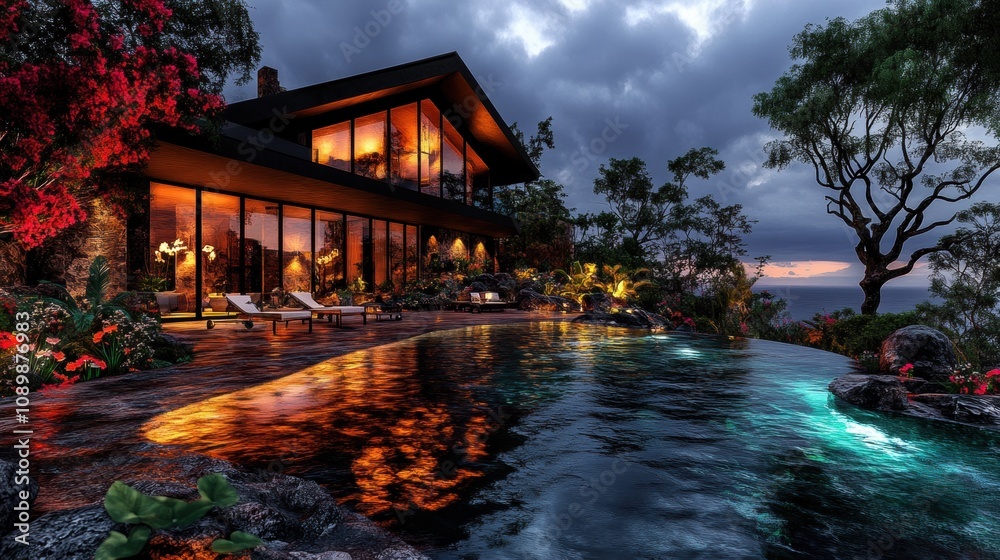 Obraz premium Contemporary concrete villa surrounded by greenery, featuring large glass windows, warm lighting, and a stunning turquoise infinity pool.