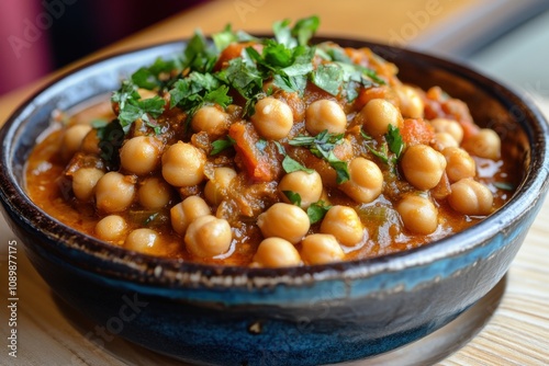 A vibrant bowl of chickpea curry, topped with fresh cilantro, showcasing rich colors and delicious textures. photo