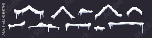 Collection of fluffy clouds in motion with dripping peaks. Snowy winter border with pile of snowflakes and icy drifts. Flat vector illustration isolated