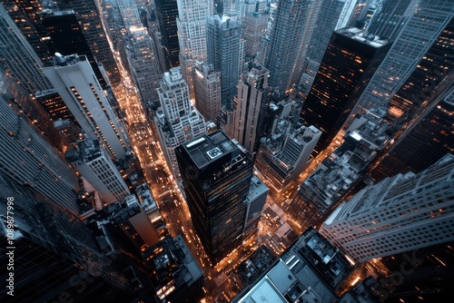 Wallpaper Mural A compelling bird's-eye view of city streets interwoven between shining skyscrapers, the lights creating an elaborate tapestry of urban life glowing into the night. Torontodigital.ca