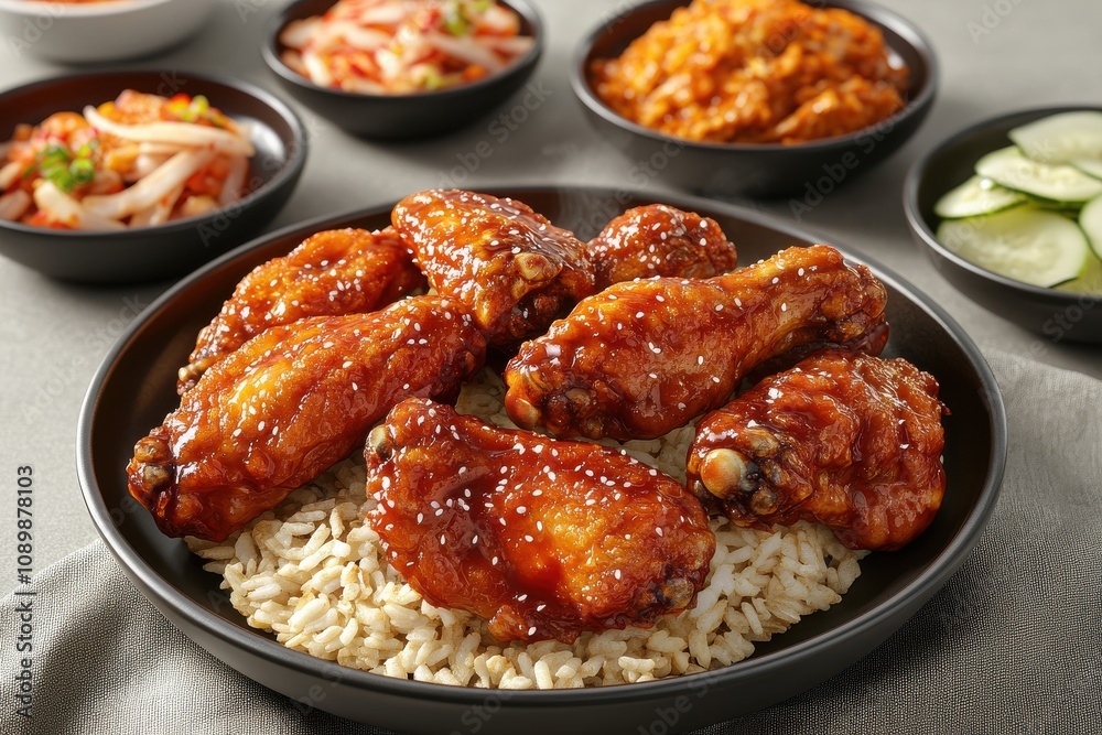 Fototapeta premium Delicious glazed chicken wings served on a bed of rice, garnished with sesame seeds and accompanied by side dishes.