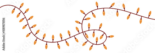 One line garland with Christmas lights. Doodle style decoration with continuous of bulbs. Flat vector illustration isolated on white background.