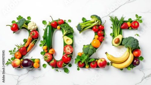 numbers 2025 made of different vegetables and fruits, white background, top view, christmas, healthy lifestyle, new year