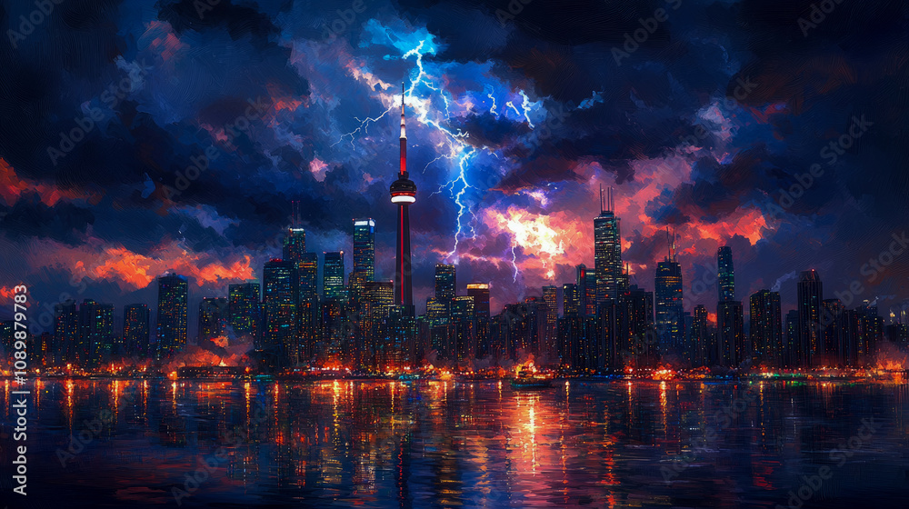 Naklejka premium Bright lightning strikes light up the Toronto skyline as a storm brews at dusk, creating a mesmerizing contrast against the cityscape