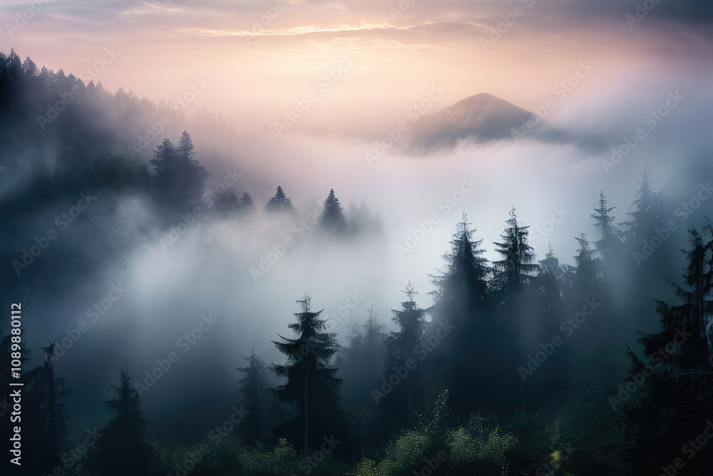 Fototapeta premium Tranquil scenery. Foggy landscape.