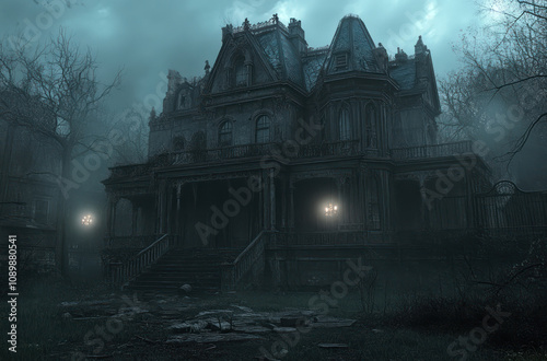 an old abandoned Victorian mansion surrounded by gloomy fog and trees with bare branches.  