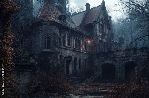 an old abandoned gothic style mansion surrounded by overgrown vegetation and fog.  