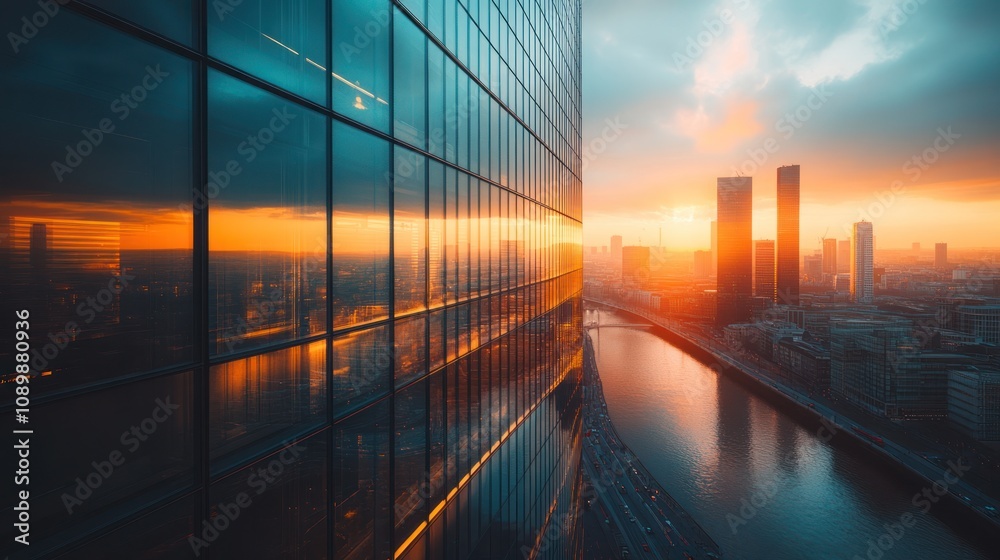 Obraz premium Sunset cityscape reflected in modern skyscraper.