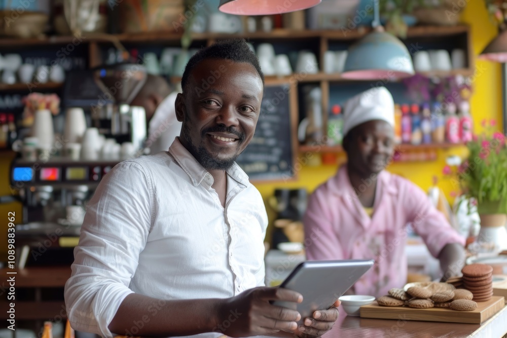 Fototapeta premium Smiling African entrepreneur at cafe counter using digital tablet