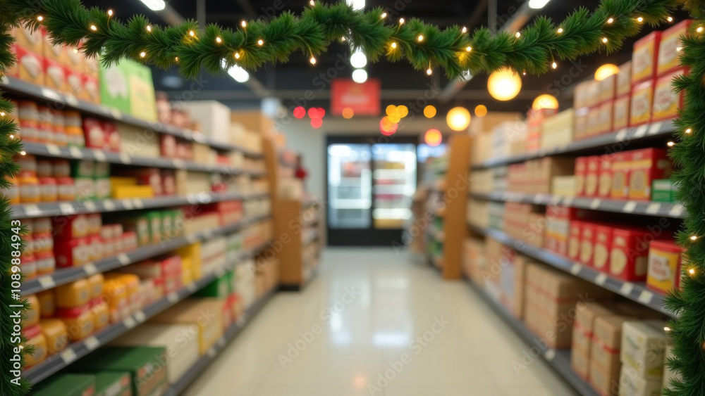 Fototapeta premium blurred background grocery supermarket decorated for Christmas and New Year
