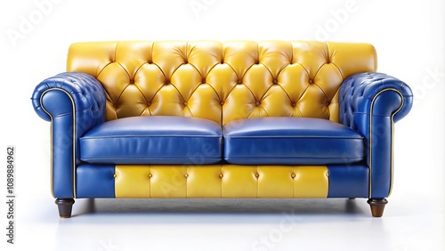 Classic yellow blue leather wooden sofa isolated on white background in forced perspective photo