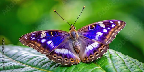 Close-up of purple emperor butterfly perched on leaf photo