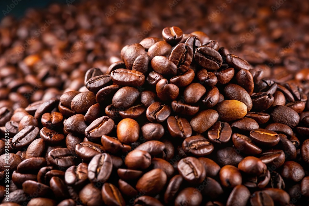 Fototapeta premium Dark roast coffee beans blended with arabica and robusta in a pile, forced perspective