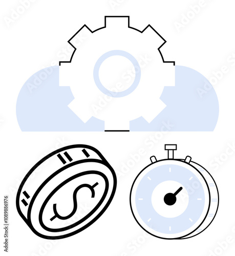 Gear overlapped with cloud, coin with dollar sign, stopwatch, emphasizing efficiency, cost, and time management. Ideal for business, finance, technology productivity workflow time tracking