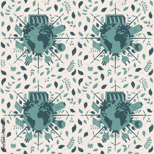 Seamless vector flat art pattern featuring the Earth surrounded by renewable energy symbols.