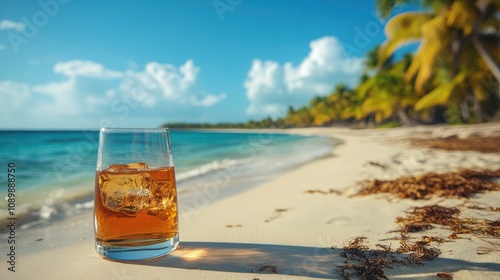 A refreshing drink with ice sits on a pristine sandy beach, bordered with lush palm trees and overlooking a tranquil turquoise ocean under a clear blue sky