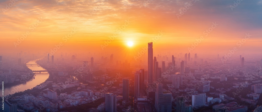 Fototapeta premium A breathtaking sunrise over a city skyline, highlighting urban architecture and landscape.