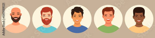 Characters avatars set. Portrait of multicultural multiethnic men with different hairstyles. Young man face portraits in circles.