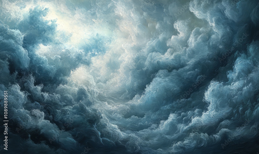 Naklejka premium Surreal and dramatic clouds filling the sky, showcasing various shades of gray and blue with a highly textured, turbulent appearance