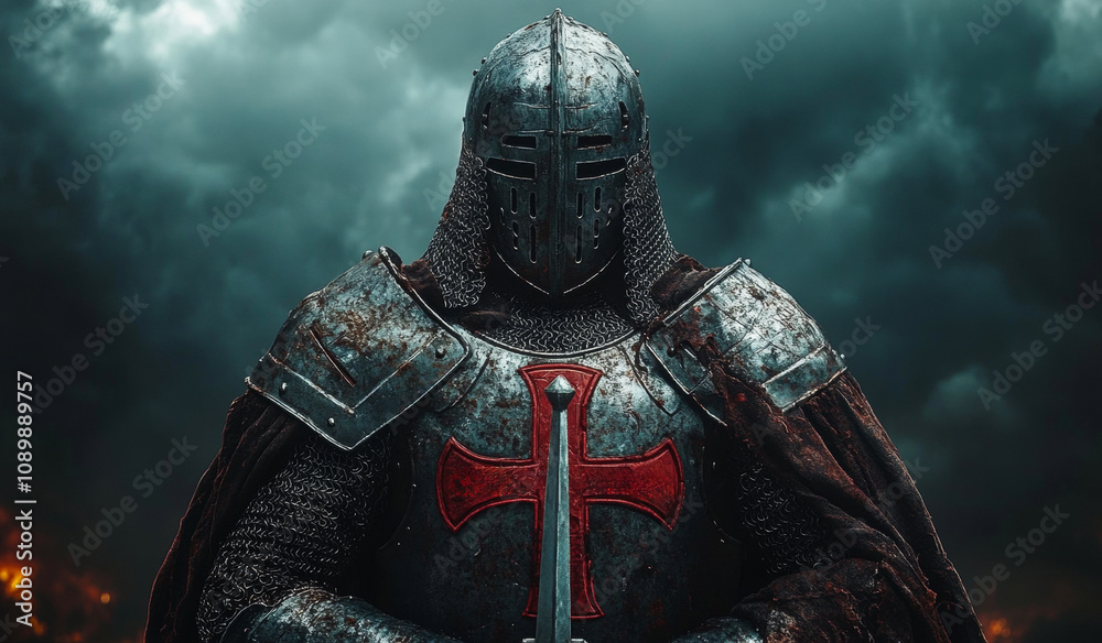Knight in shining armor stands ready for battle. A medieval knight clad ...
