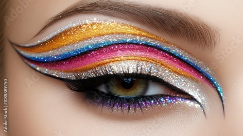 Close-Up of a Stunning Female Eye Showcasing Bold and Vibrant Fashion Magazine-Style Makeup with Dramatic Liner, Shimmering Eyeshadow, and Flawless Detail