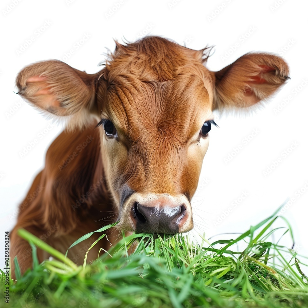 Fototapeta premium Brown cow eating grass isolated on white background. cow