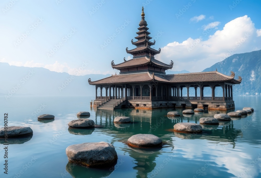 Obraz premium pagoda on a lake with rocks in the water