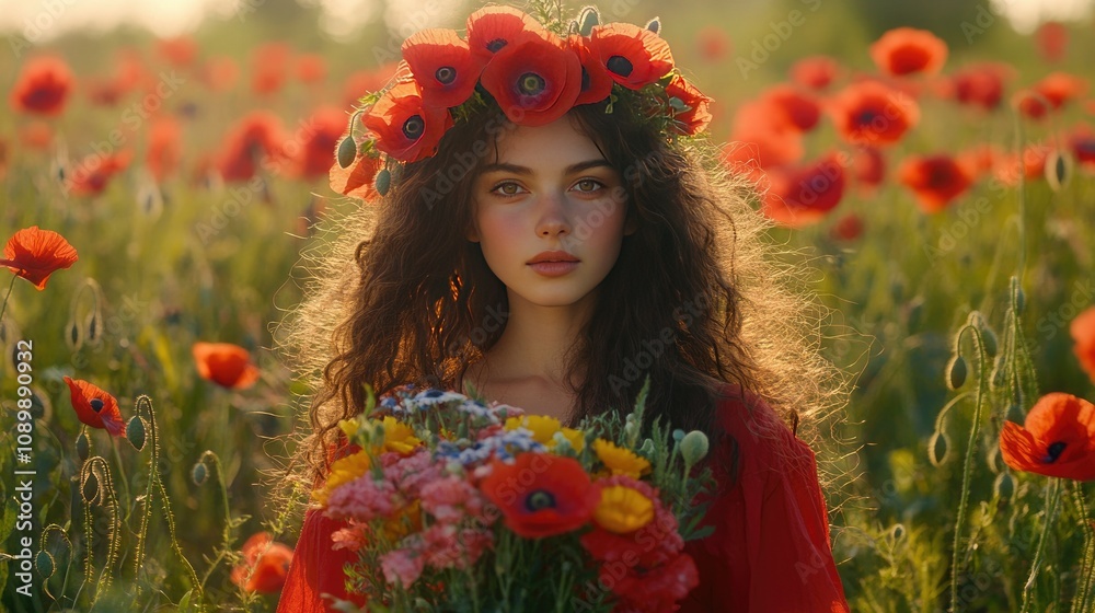 Naklejka premium Enchanting Young Woman with Floral Crown Surrounded by Vibrant Poppy Field at Golden Hour, Capturing the Essence of Nature and Beauty in a Stunning Landscape