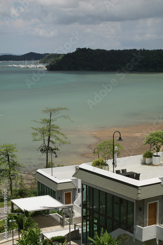 houses on the beach on the background of the sea