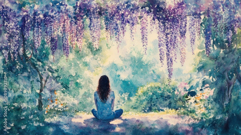 Fototapeta premium Woman sitting peacefully beneath blooming wisteria in a garden